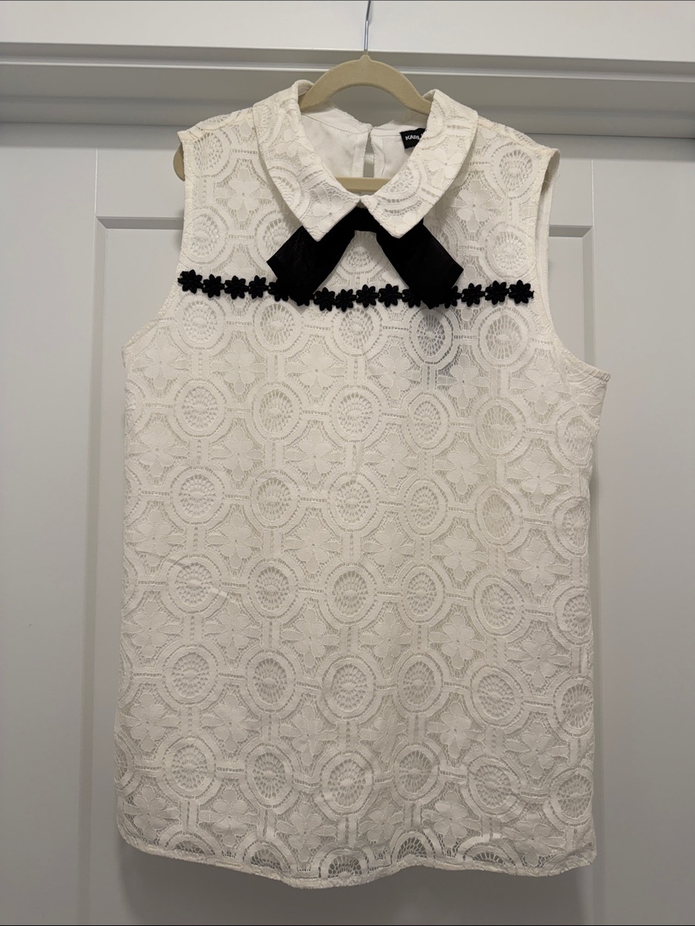 Karl Lagerfeld White Lace Dress with Black Bow Trim
